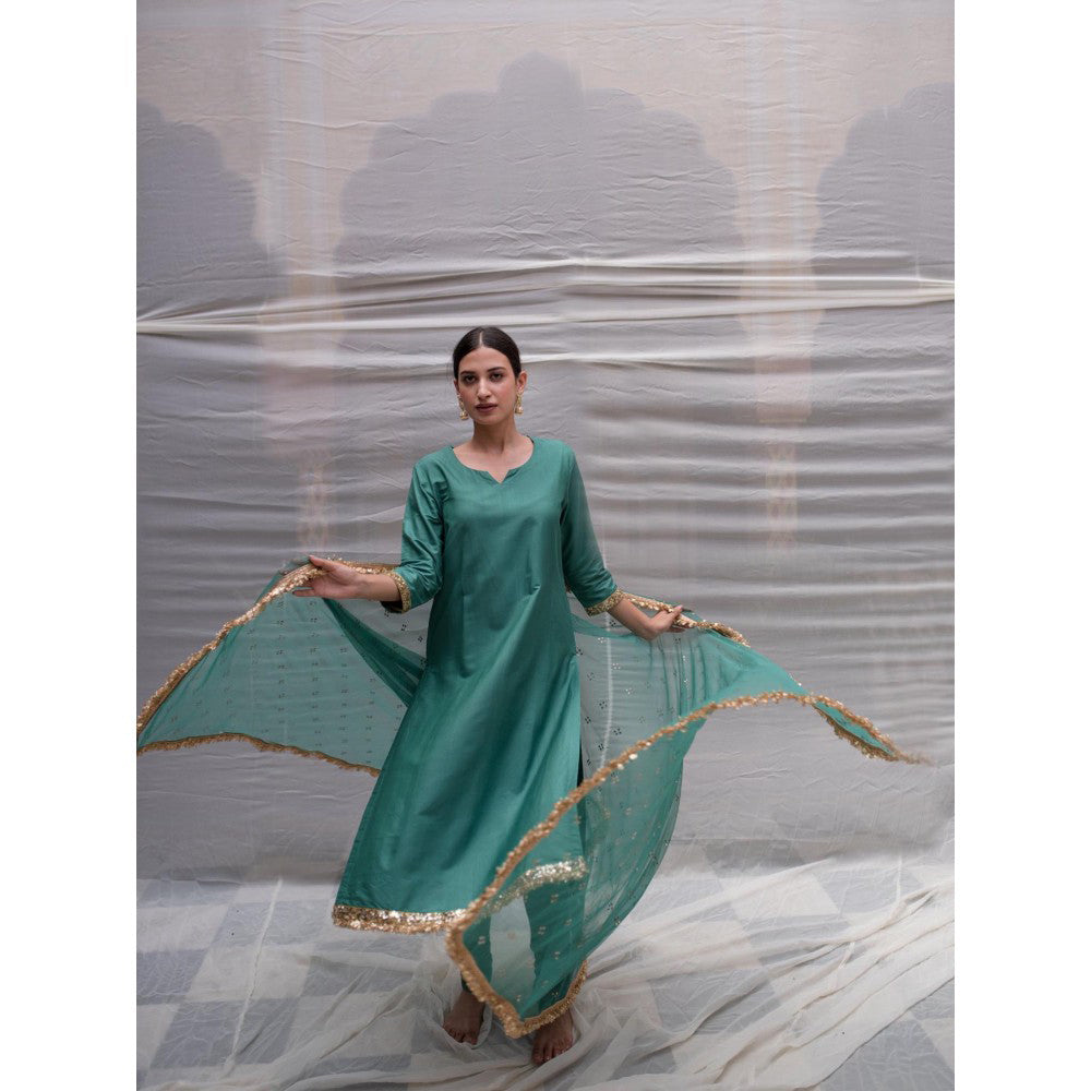 PRIYANKA RAAJIV Sukritya Teal Cotton Silk Straight Kurta (Set of 3)