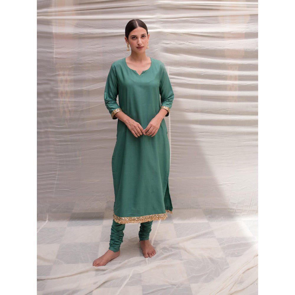PRIYANKA RAAJIV Sukritya Teal Cotton Silk Straight Kurta (Set of 3)