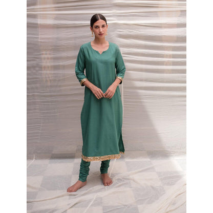 PRIYANKA RAAJIV Sukritya Teal Cotton Silk Straight Kurta (Set of 3)