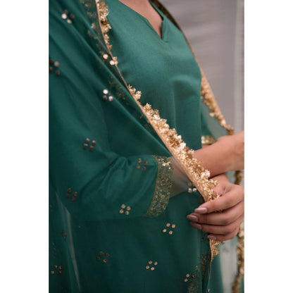 PRIYANKA RAAJIV Sukritya Teal Cotton Silk Straight Kurta (Set of 3)