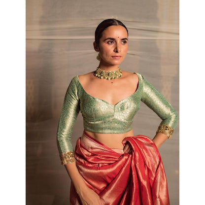 PRIYANKA RAAJIV Phalguni Teal Silk Brocade Blouse