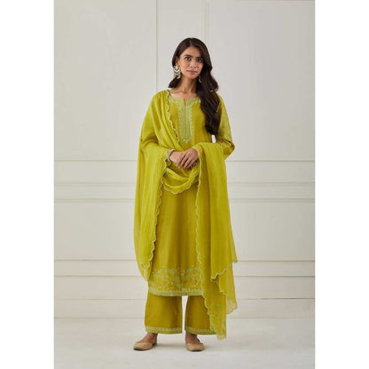 Priya Chaudhary Lime Green Scalloped Embroidered Chanderi Dupatta