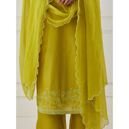 Priya Chaudhary Lime Green Scalloped Embroidered Chanderi Dupatta