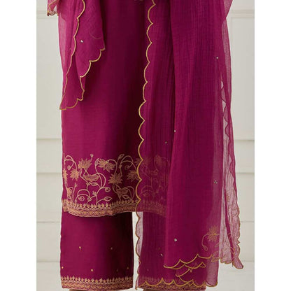 Priya Chaudhary Magenta Scalloped Embroidered Chanderi Dupatta