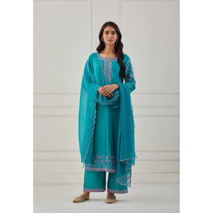 Priya Chaudhary Turquoise Scalloped Embroidered Chanderi Dupatta