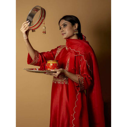 Priya Chaudhary Red Scalloped Tissue Organza Dupatta