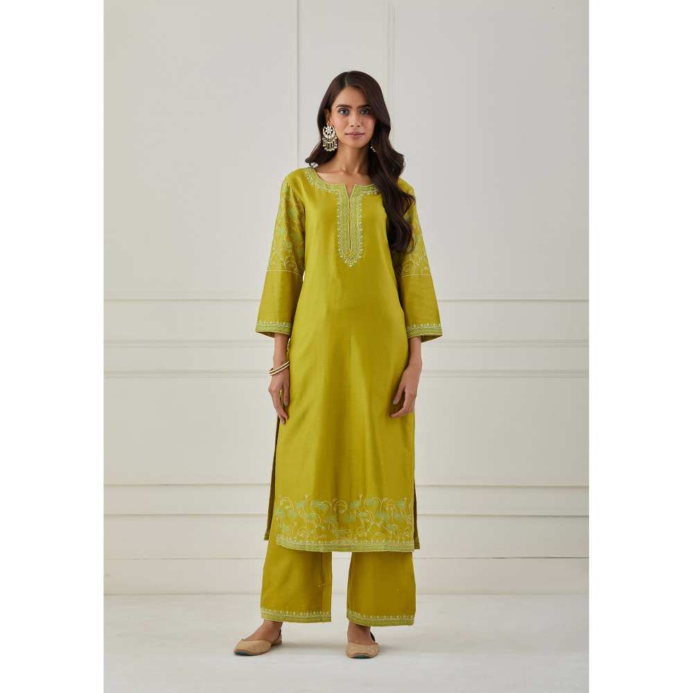 Priya Chaudhary Lime Green Embroidered Chanderi Silk Kurta