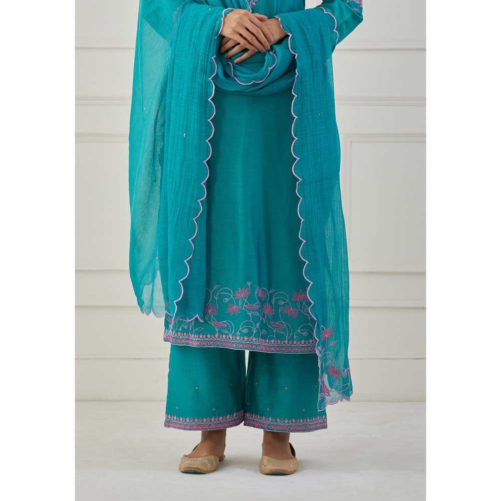 Priya Chaudhary Turquoise Embroidered Chanderi Silk Pants