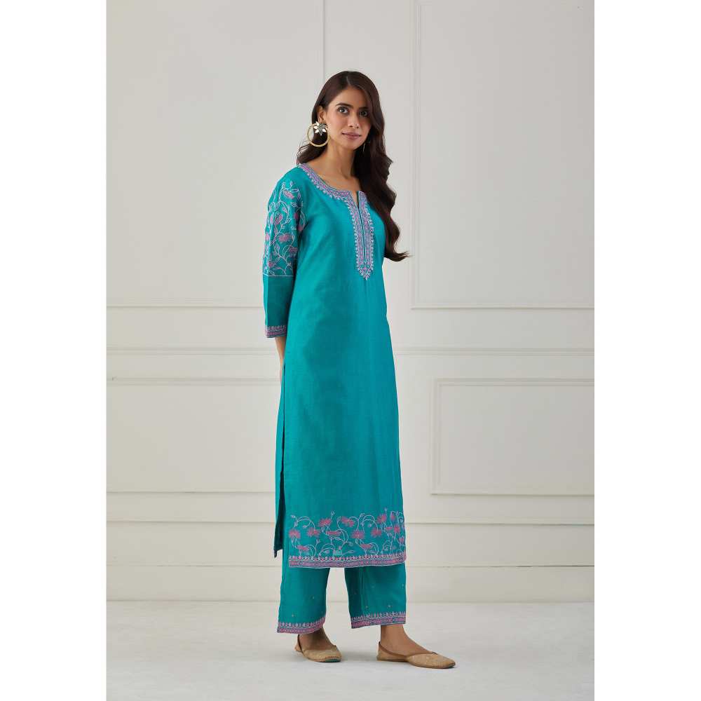 Priya Chaudhary Turquoise Embroidered Chanderi Silk Pants