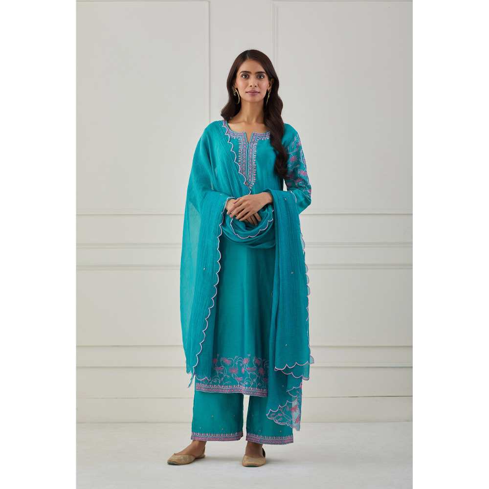Priya Chaudhary Turquoise Embroidered Chanderi Silk Pants