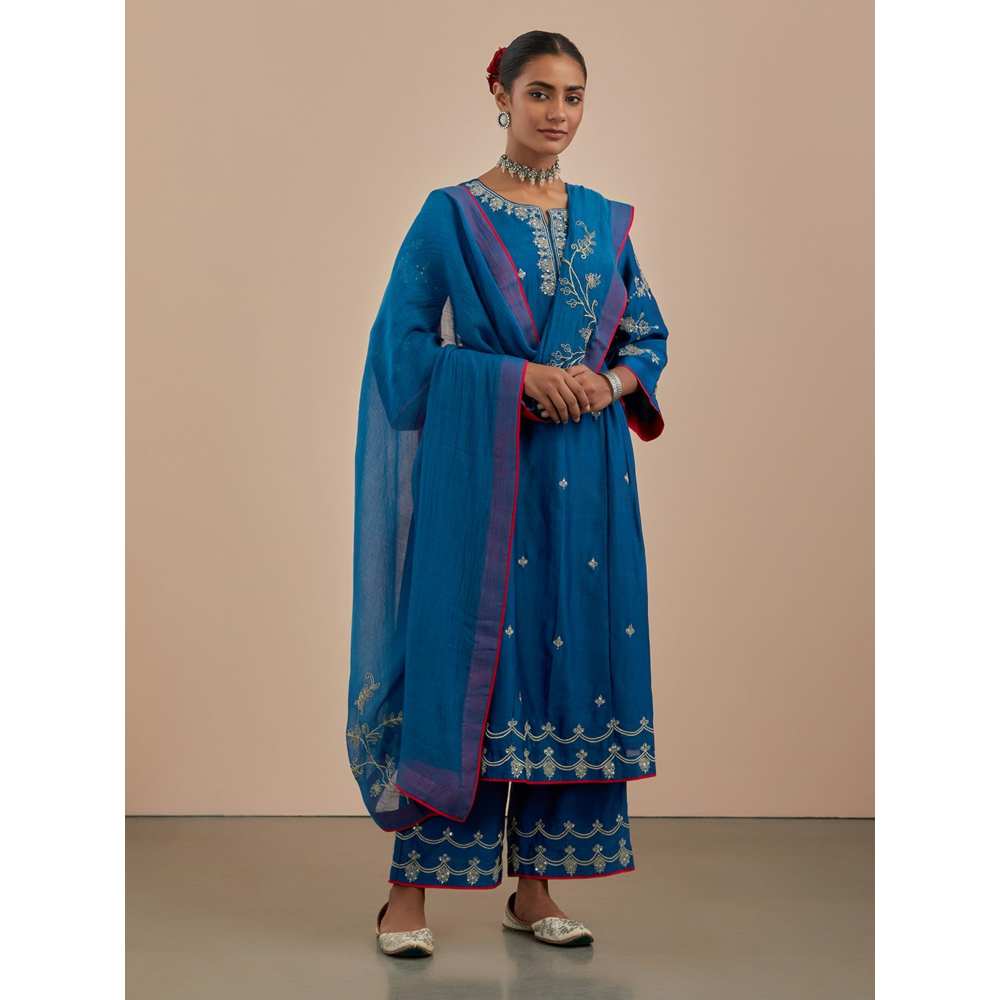 Priya Chaudhary Blue Embroidered Chanderi Dupatta