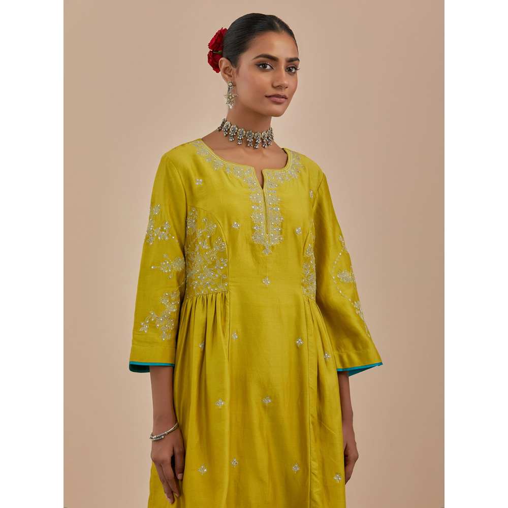 Priya Chaudhary Lime Green Embroidered Chanderi Silk Kurta