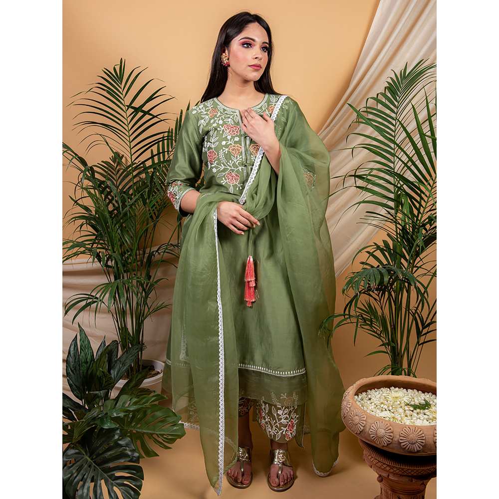 Priya Chaudhary Olive Embroidered Kurta and Palazzo with Dupatta (Set of 3)