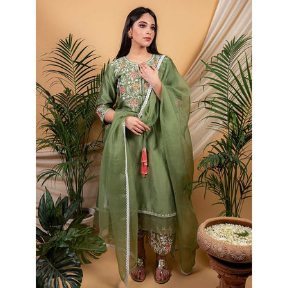 Priya Chaudhary Olive Embroidered Kurta and Palazzo with Dupatta (Set of 3)