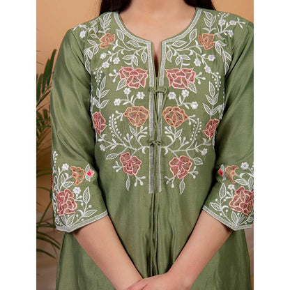 Priya Chaudhary Olive Embroidered Kurta and Palazzo with Dupatta (Set of 3)