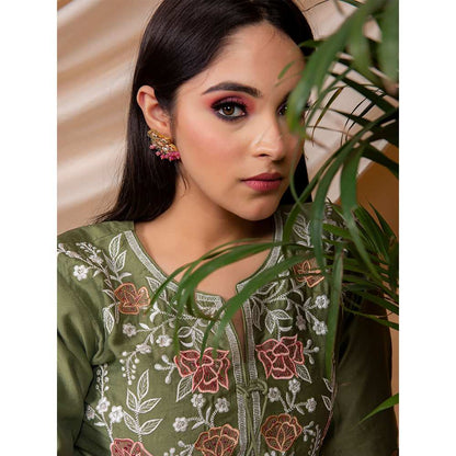 Priya Chaudhary Olive Embroidered Kurta and Palazzo with Dupatta (Set of 3)