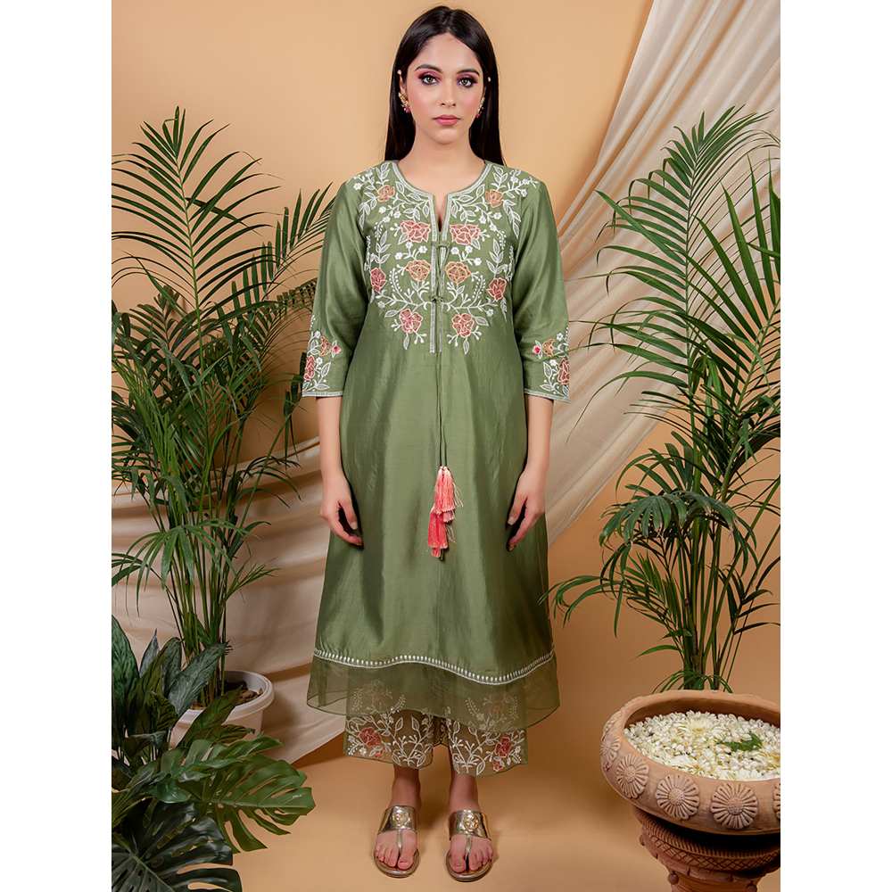 Priya Chaudhary Olive Embroidered Kurta and Palazzo (Set of 2)