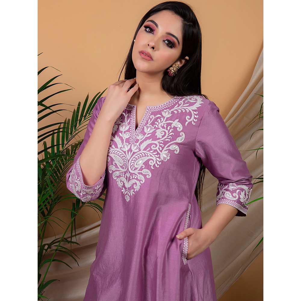 Priya Chaudhary Purple Embroidered Kurta and Palazzo with Dupatta (Set of 3)