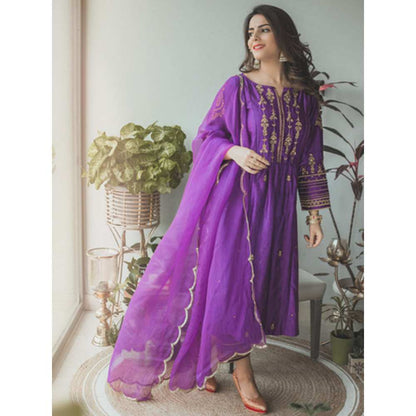 Priya Chaudhary Purple Embroidered Kurta and Palazzo with Dupatta (Set of 3)