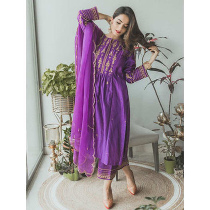 Priya Chaudhary Purple Embroidered Kurta and Palazzo with Dupatta (Set of 3)