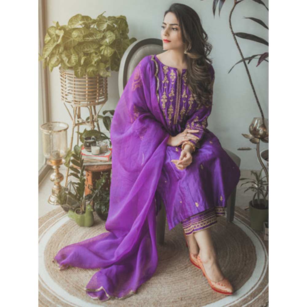 Priya Chaudhary Purple Embroidered Kurta and Palazzo with Dupatta (Set of 3)