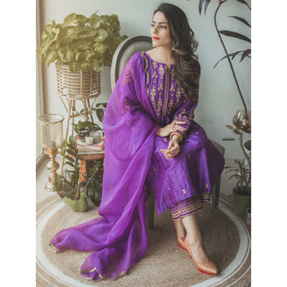 Priya Chaudhary Purple Embroidered Kurta and Palazzo with Dupatta (Set of 3)