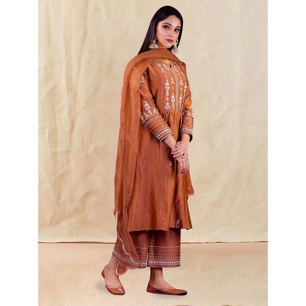 Priya Chaudhary Brown Embroidered Kurta and Palazzo with Dupatta (Set of 3)