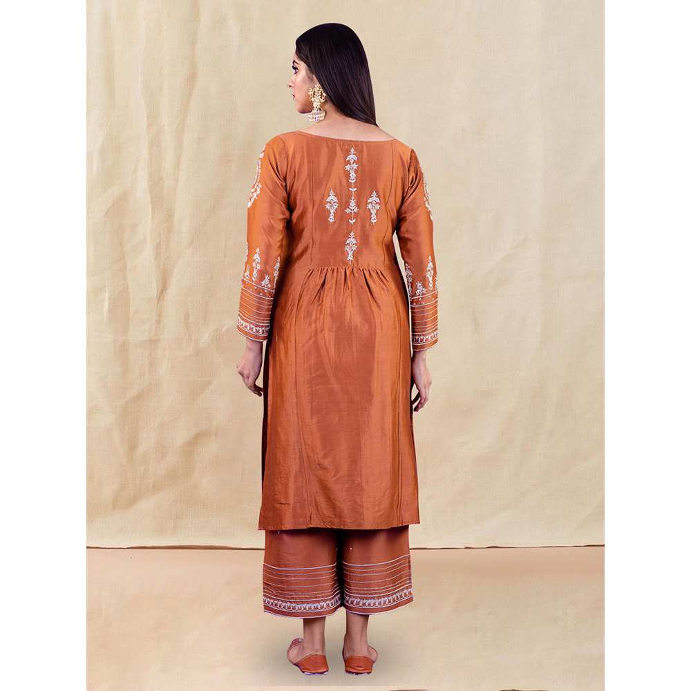 Priya Chaudhary Brown Embroidered Kurta and Palazzo with Dupatta (Set of 3)