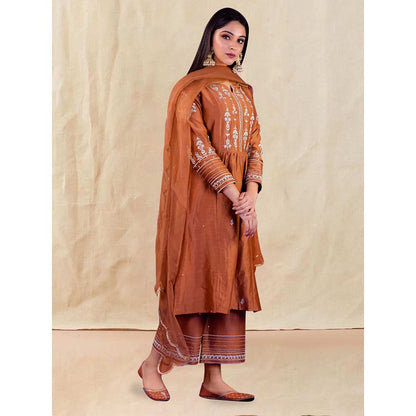 Priya Chaudhary Brown Embroidered Kurta and Palazzo (Set of 2)