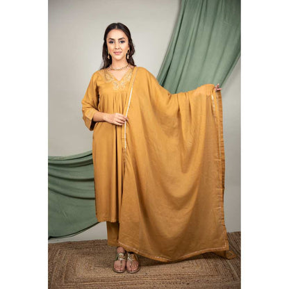 Priya Chaudhary Mustard Sequined Kurta and Pant with Dupatta (Set of 3)