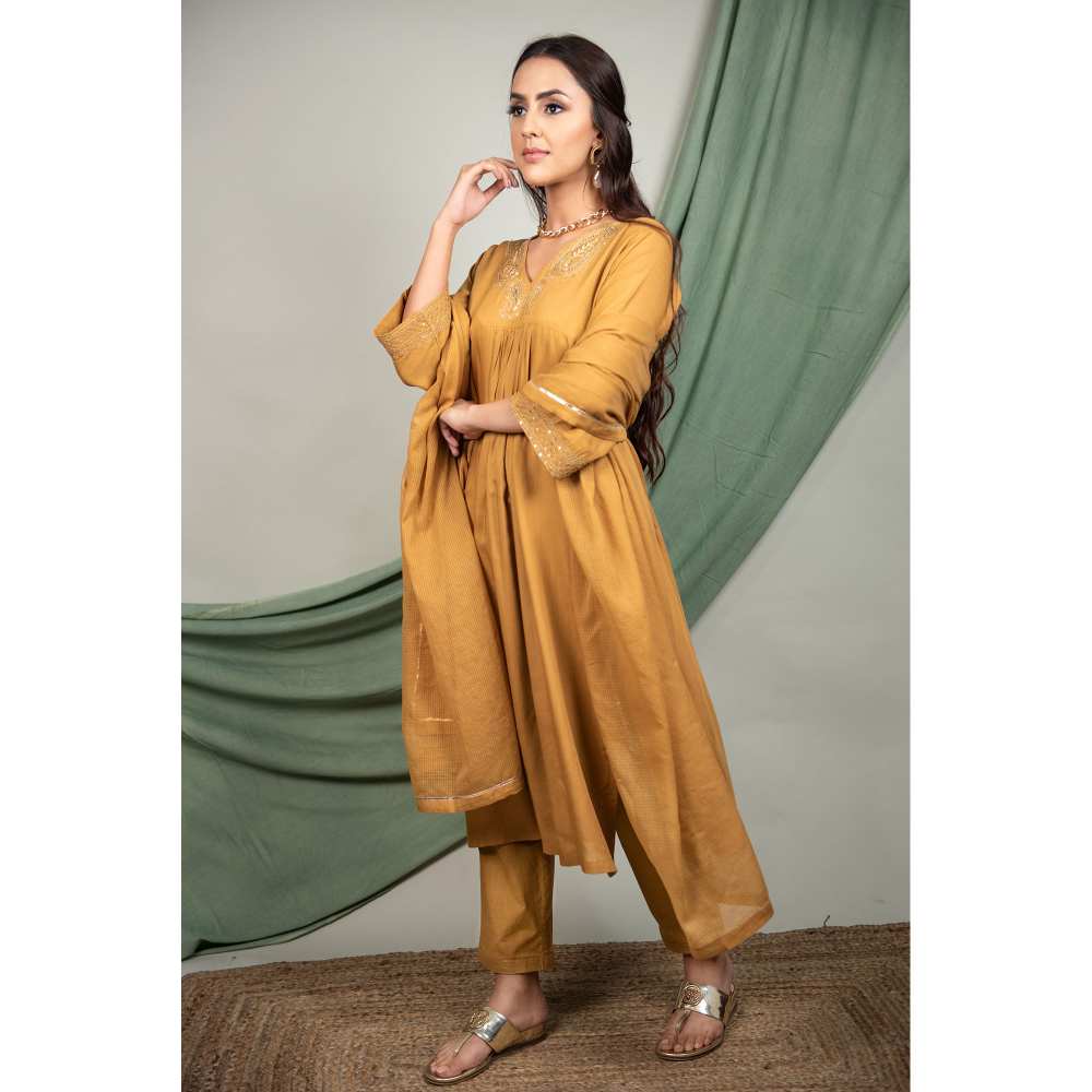 Priya Chaudhary Mustard Sequined Kurta and Pant with Dupatta (Set of 3)