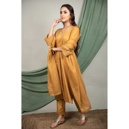 Priya Chaudhary Mustard Sequined Kurta and Pant with Dupatta (Set of 3)