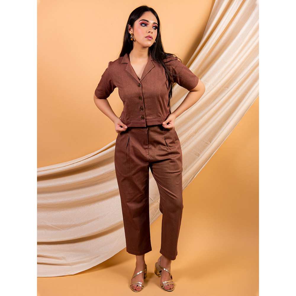 Priya Chaudhary Brown Classic Crop Shirt And Pant In A Cotton Twill  (Set of 2)
