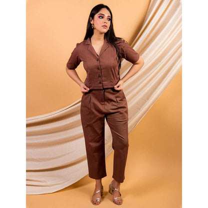 Priya Chaudhary Brown Classic Crop Shirt And Pant In A Cotton Twill  (Set of 2)