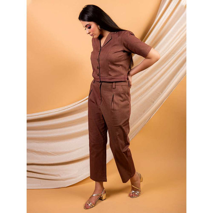 Priya Chaudhary Brown Classic Crop Shirt And Pant In A Cotton Twill  (Set of 2)