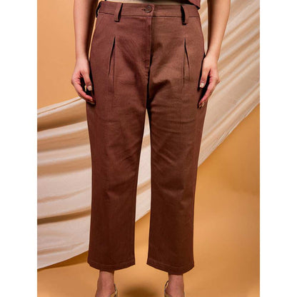Priya Chaudhary Brown Classic Crop Shirt And Pant In A Cotton Twill  (Set of 2)
