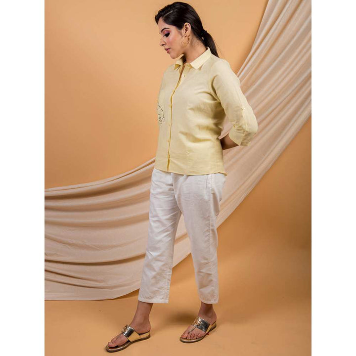 Priya Chaudhary Yellow Cotton Linen Face Story Shirt With White Pant  (Set of 2)