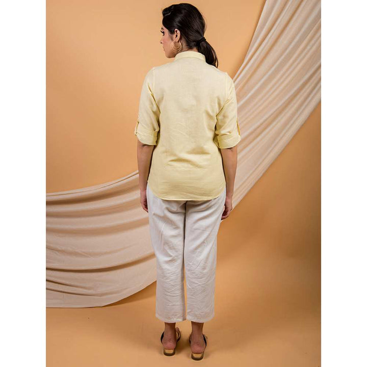 Priya Chaudhary Yellow Cotton Linen Face Story Shirt With White Pant  (Set of 2)