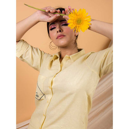 Priya Chaudhary Yellow Cotton Linen Face Story Shirt With White Pant  (Set of 2)