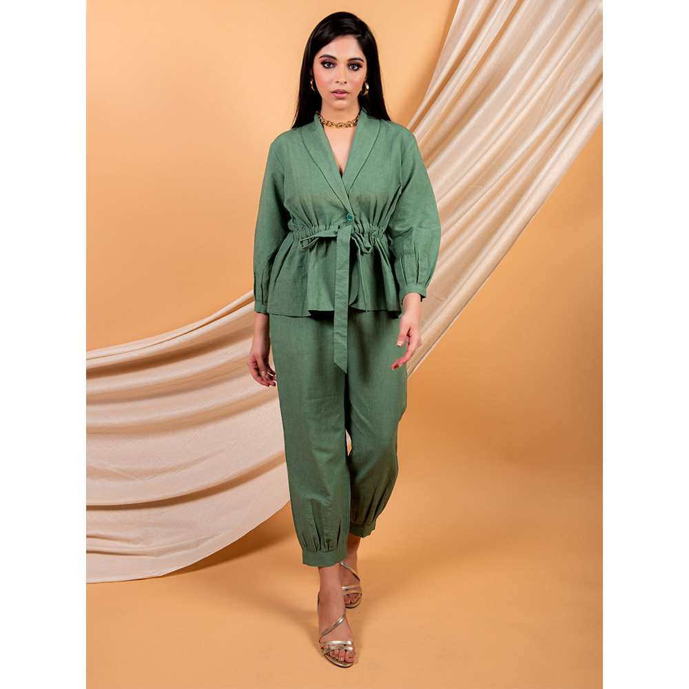 Priya Chaudhary Green Top Made With Cotton Linen And Pant  (Set of 2)