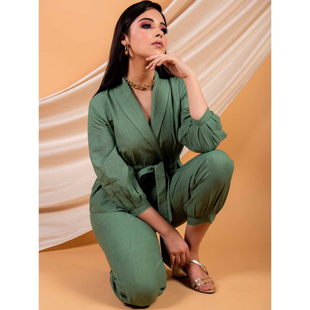 Priya Chaudhary Green Top Made With Cotton Linen And Pant  (Set of 2)