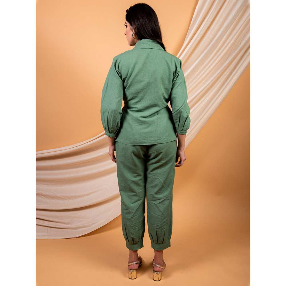 Priya Chaudhary Green Top Made With Cotton Linen And Pant  (Set of 2)