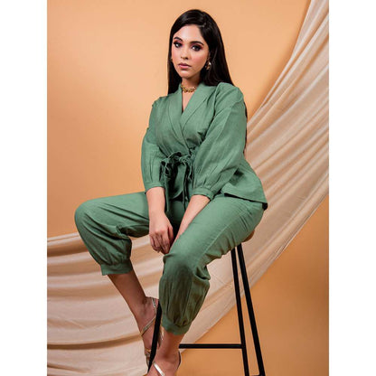 Priya Chaudhary Green Top Made With Cotton Linen And Pant  (Set of 2)