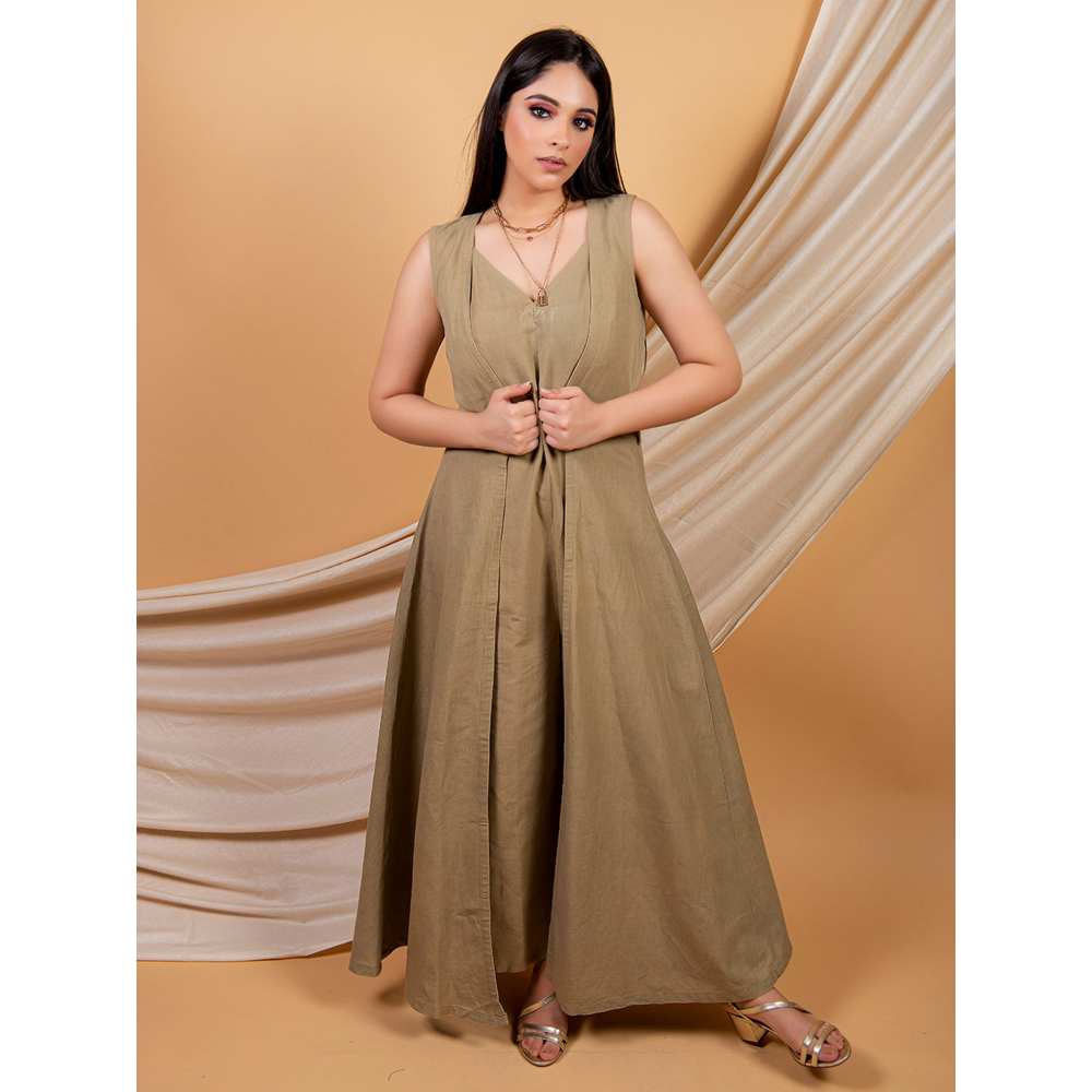 Priya Chaudhary Solid Beige Green Jumpsuit And A Sleeveless Over Wear  (Set of 2)
