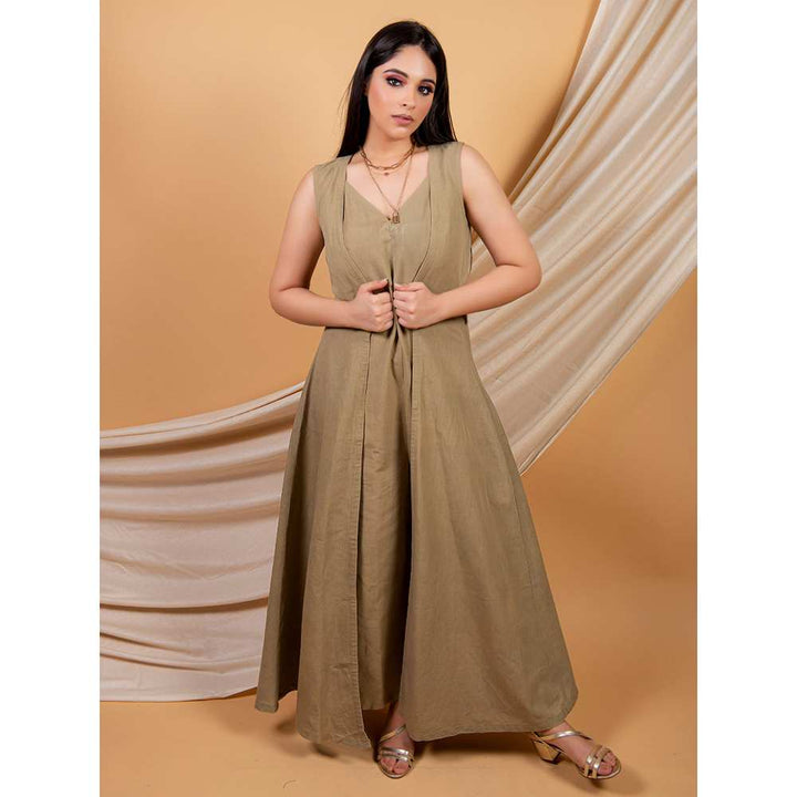Priya Chaudhary Solid Beige Green Jumpsuit And A Sleeveless Over Wear  (Set of 2)