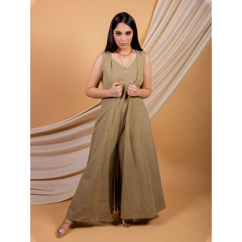 Priya Chaudhary Solid Beige Green Jumpsuit And A Sleeveless Over Wear  (Set of 2)