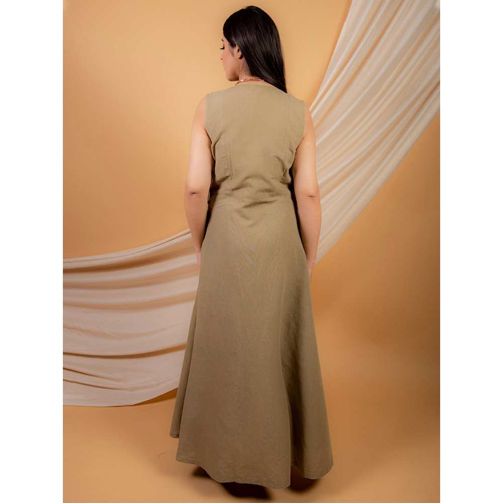 Priya Chaudhary Solid Beige Green Jumpsuit And A Sleeveless Over Wear  (Set of 2)