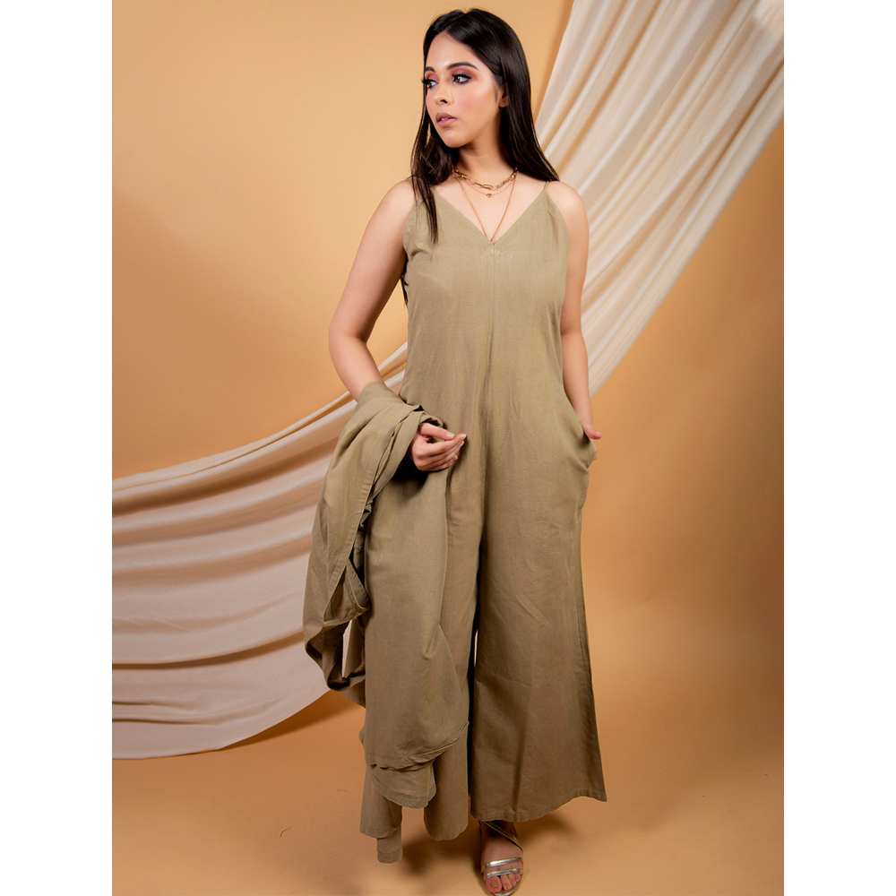 Priya Chaudhary Solid Beige Green Jumpsuit And A Sleeveless Over Wear  (Set of 2)