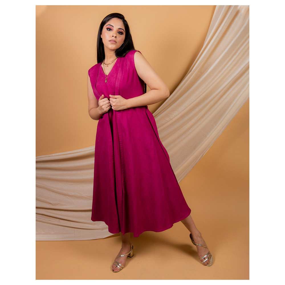 Priya Chaudhary Magenta Jacket Dress with Belt (Set of 3)