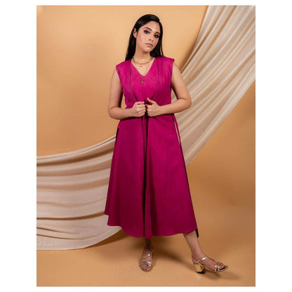 Priya Chaudhary Magenta Jacket Dress with Belt (Set of 3)